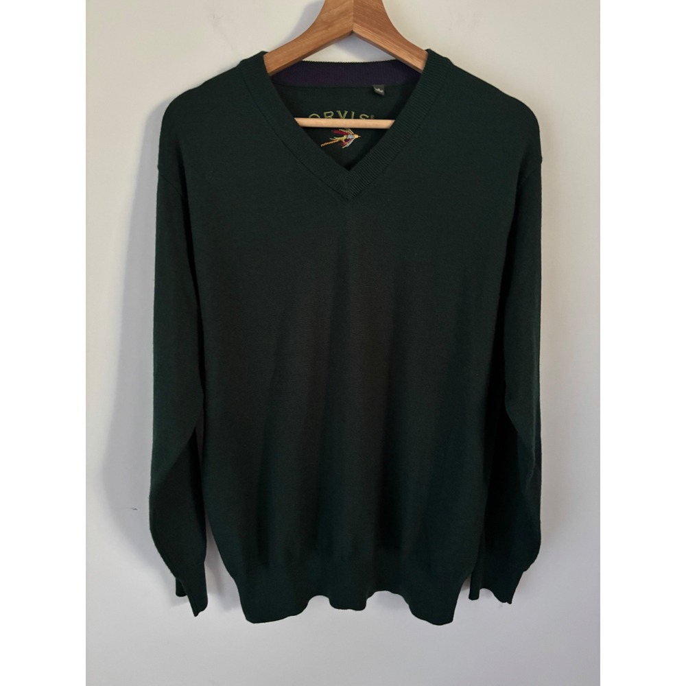Orvis Mens V-Neck Sweater Hunter Green Merino Wool Pullover Size M